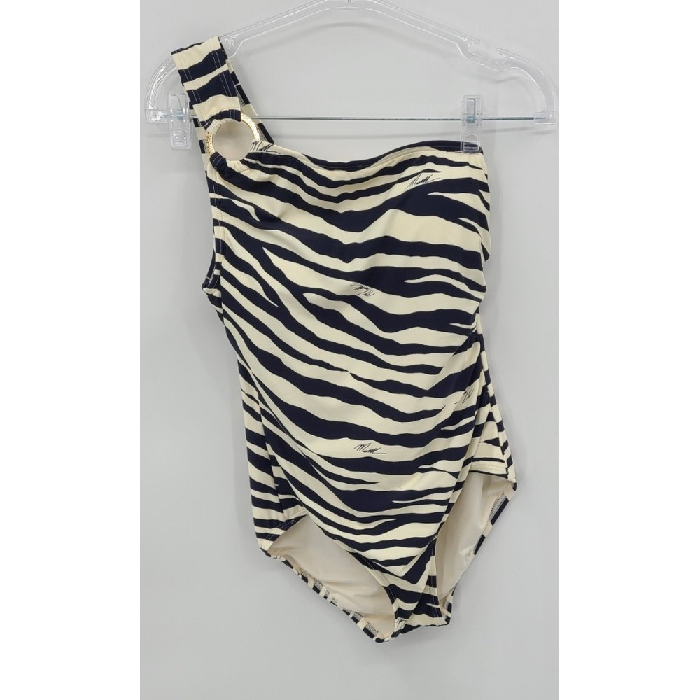 Michael Michael Kor Swimsuit 8 Zebra Animal Print Resort Beach One Shoulder Logo